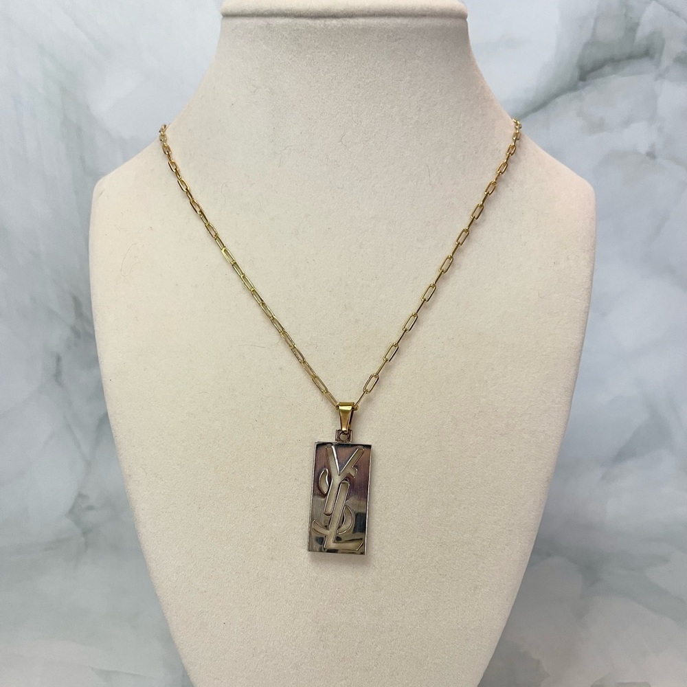 Upcycled Gold Logo Pendant Paper Clip Chain Necklace